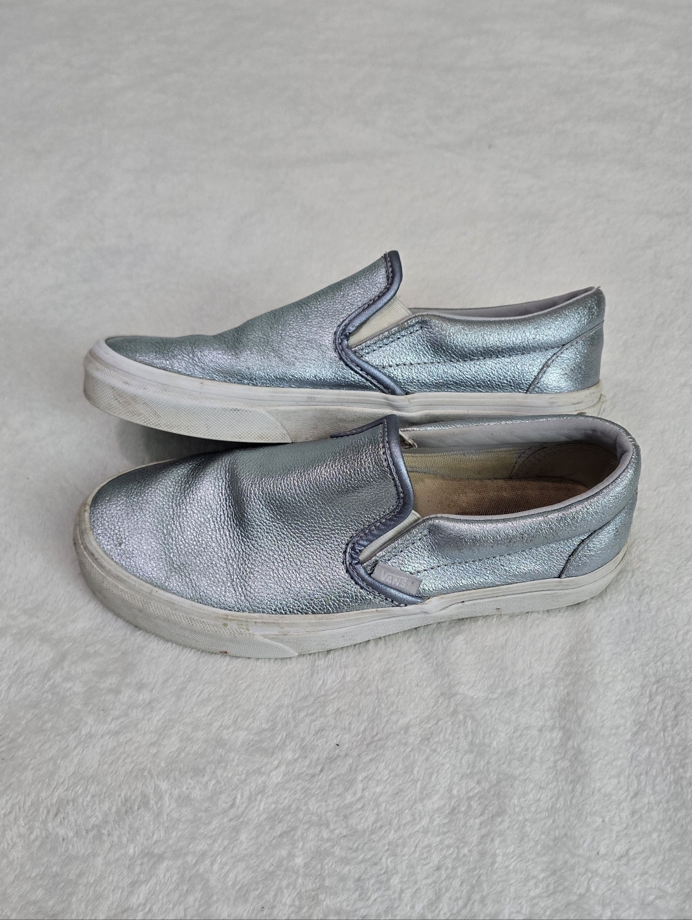 Women's Vans Loafer Sneakers Metallic Silverish Blue Leather Slip On Shoes Sz 7